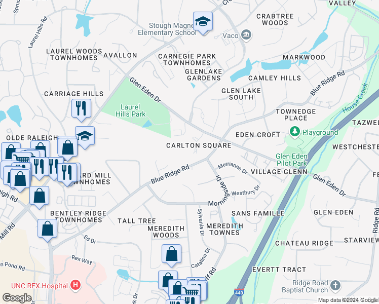 map of restaurants, bars, coffee shops, grocery stores, and more near 3505 Carlton Square Place in Raleigh