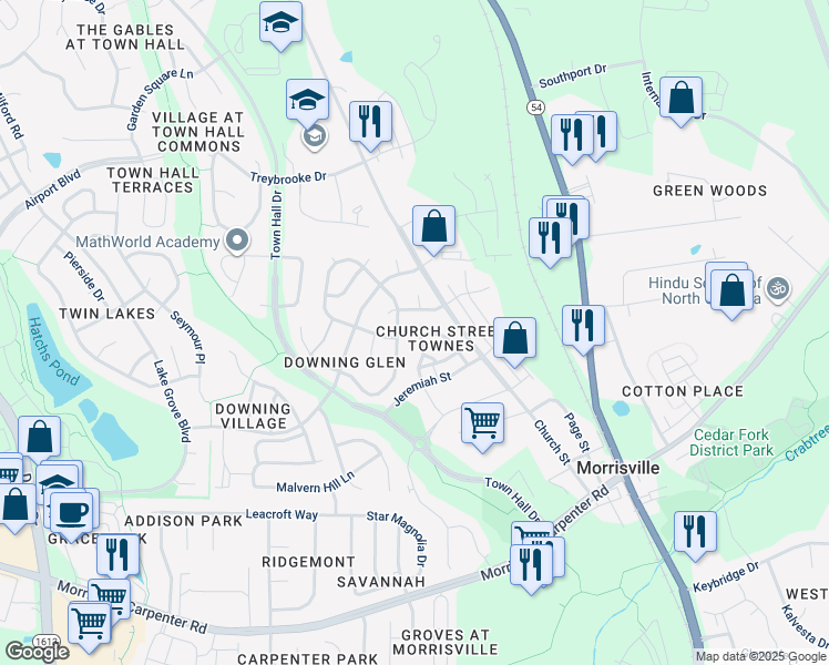 map of restaurants, bars, coffee shops, grocery stores, and more near 1305 Foxglove Drive in Morrisville