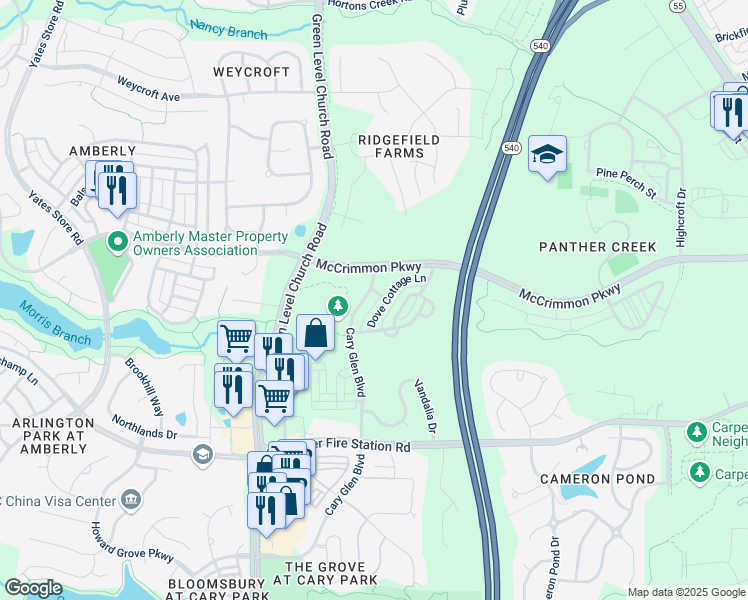 map of restaurants, bars, coffee shops, grocery stores, and more near 3819 Cary Glen Boulevard in Cary