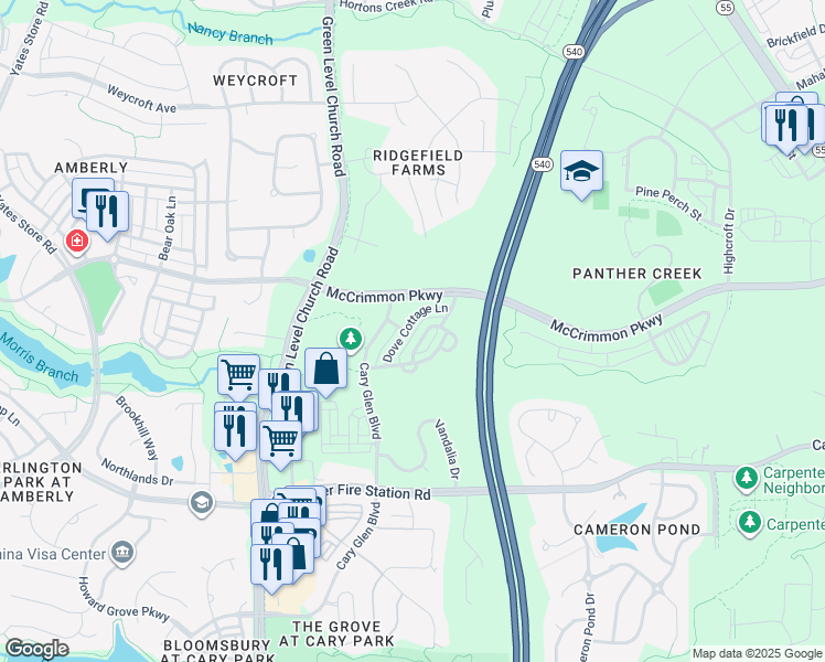 map of restaurants, bars, coffee shops, grocery stores, and more near 141 Dove Cottage Lane in Cary
