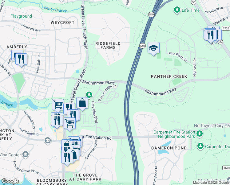 map of restaurants, bars, coffee shops, grocery stores, and more near 3003 Summerhouse Road in Cary