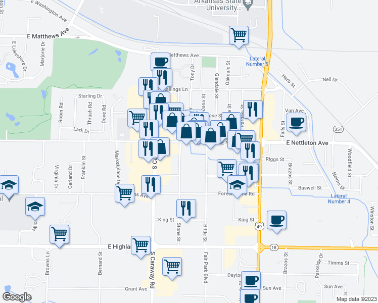 map of restaurants, bars, coffee shops, grocery stores, and more near 1400 Stone Street in Jonesboro