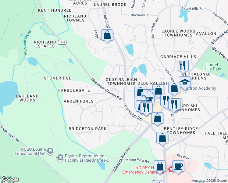 map of restaurants, bars, coffee shops, grocery stores, and more near 4401 Touchstone Forest Road in Raleigh