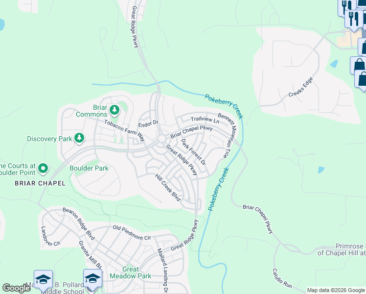 map of restaurants, bars, coffee shops, grocery stores, and more near 195 Dark Forest Drive in Chapel Hill