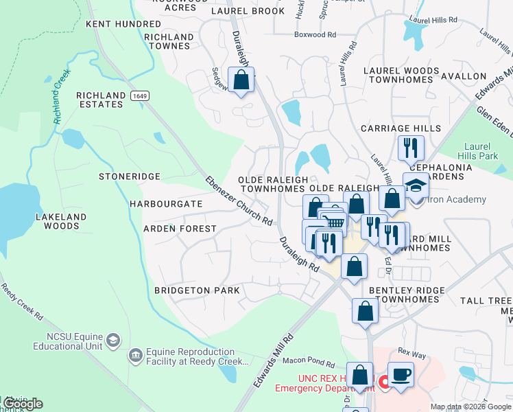 map of restaurants, bars, coffee shops, grocery stores, and more near 4401 Touchstone Forest Road in Raleigh