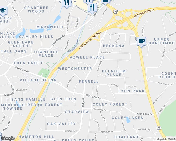 map of restaurants, bars, coffee shops, grocery stores, and more near 2605 Ridge Road in Raleigh
