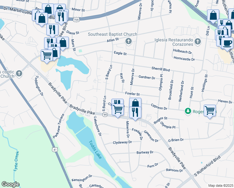 map of restaurants, bars, coffee shops, grocery stores, and more near 1522 Fowler Street in Murfreesboro