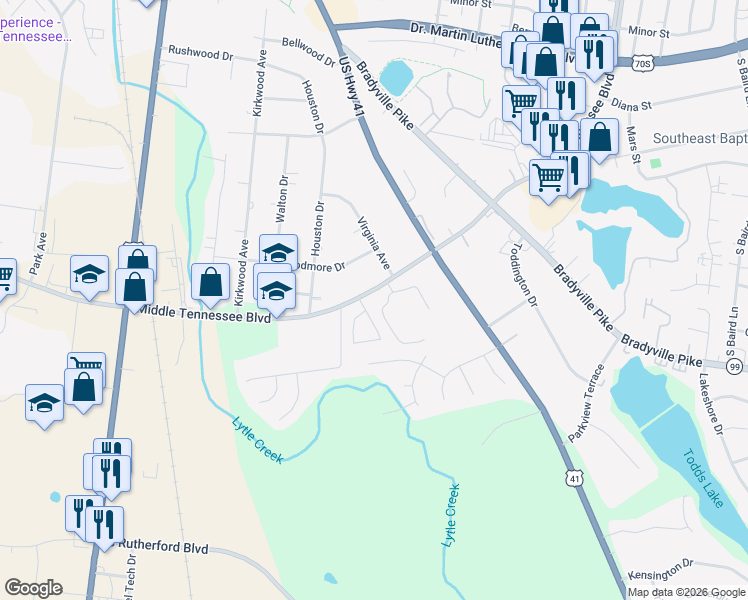 map of restaurants, bars, coffee shops, grocery stores, and more near 1317 Shearron Court in Murfreesboro