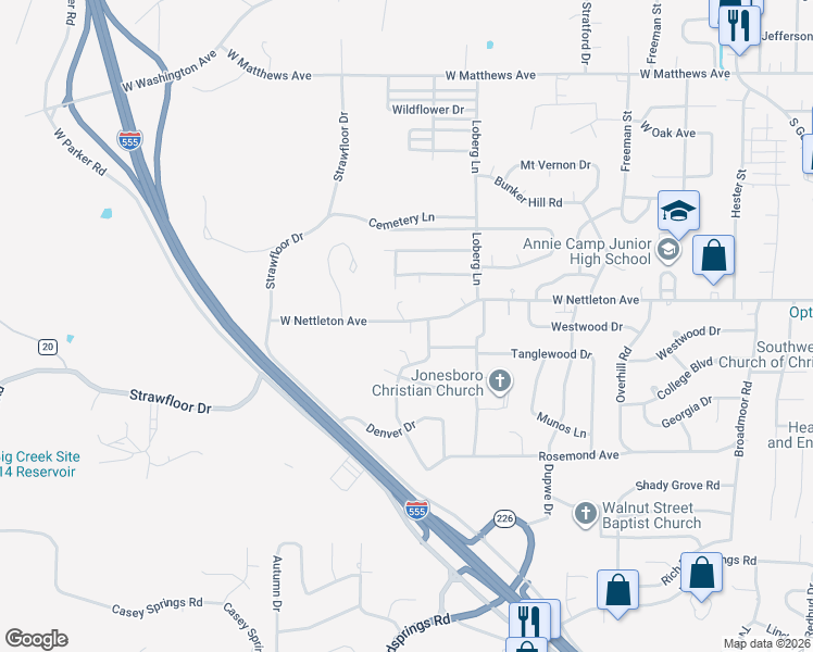 map of restaurants, bars, coffee shops, grocery stores, and more near 2117 West Nettleton Avenue in Jonesboro