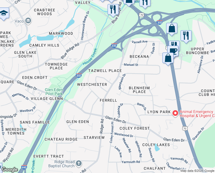 map of restaurants, bars, coffee shops, grocery stores, and more near 2605 Ridge Road in Raleigh
