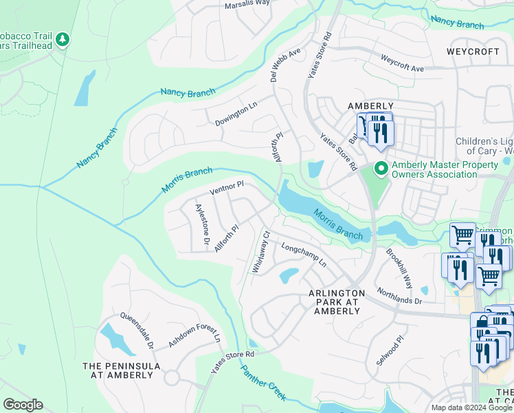 map of restaurants, bars, coffee shops, grocery stores, and more near 902 Peltier Drive in Cary