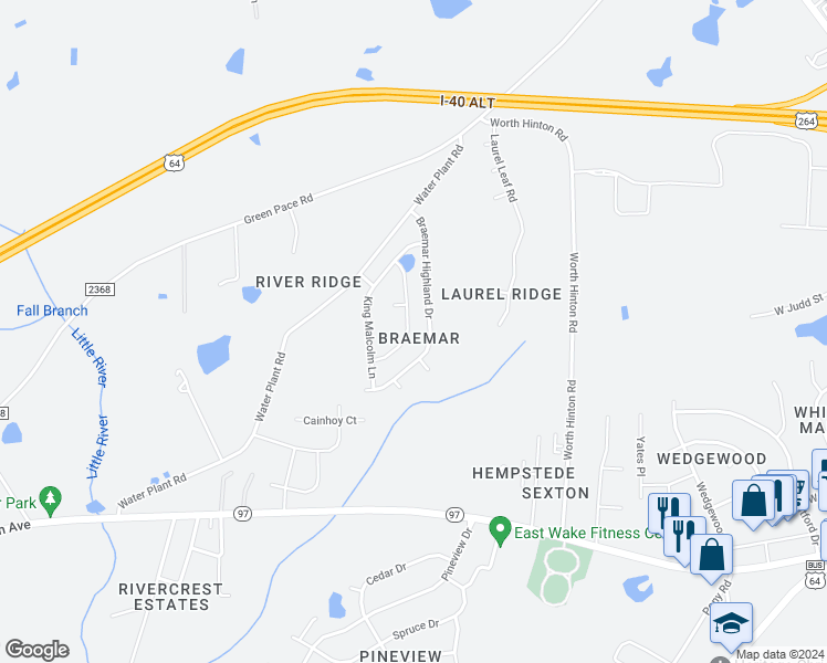 map of restaurants, bars, coffee shops, grocery stores, and more near 3209 Royal Deeside Court in Zebulon