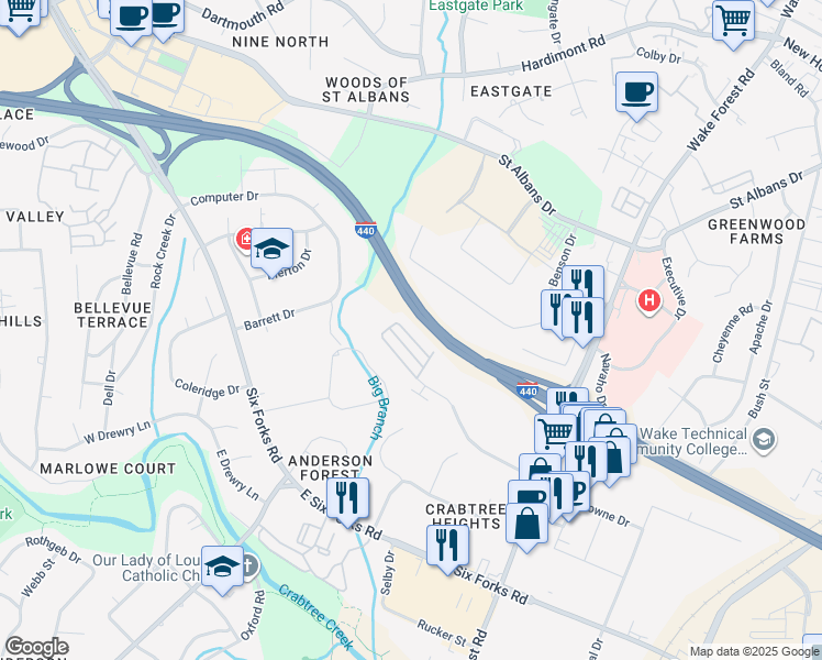 map of restaurants, bars, coffee shops, grocery stores, and more near 821 Bankston Woods Way in Raleigh