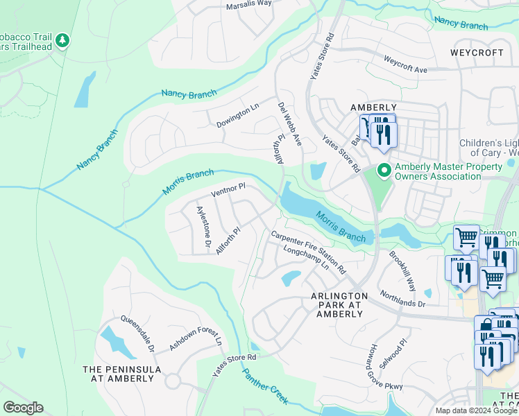 map of restaurants, bars, coffee shops, grocery stores, and more near 902 Peltier Drive in Cary