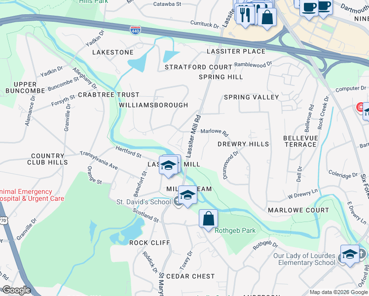 map of restaurants, bars, coffee shops, grocery stores, and more near 809 Lassiter Place in Raleigh