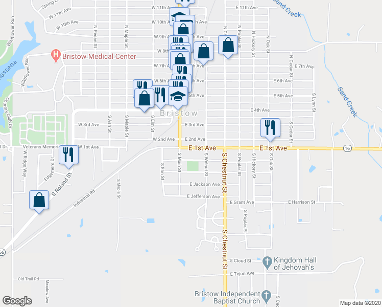 map of restaurants, bars, coffee shops, grocery stores, and more near 111 E Washington Ave in Bristow