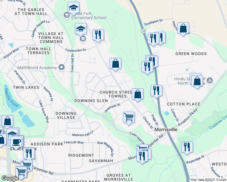 map of restaurants, bars, coffee shops, grocery stores, and more near 1316 Checkerberry Drive in Morrisville