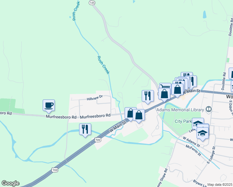 map of restaurants, bars, coffee shops, grocery stores, and more near 203 Jenny Lynn Street in Woodbury