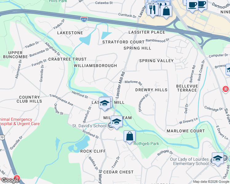map of restaurants, bars, coffee shops, grocery stores, and more near 809 Lassiter Place in Raleigh