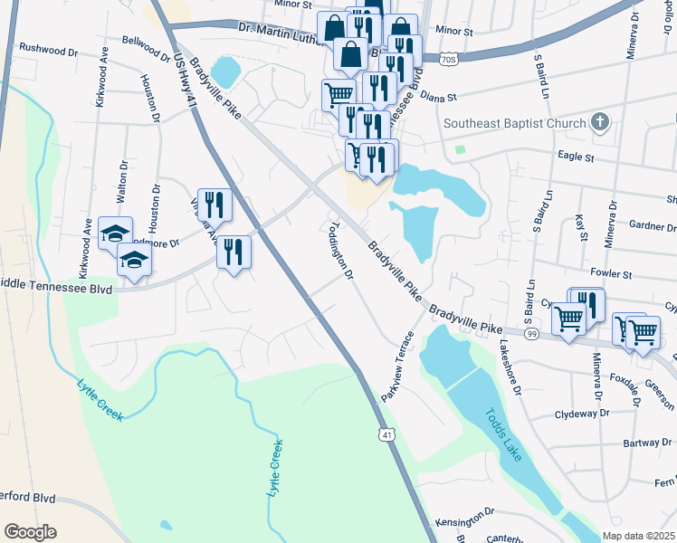 map of restaurants, bars, coffee shops, grocery stores, and more near 1010 Overlook Place in Murfreesboro