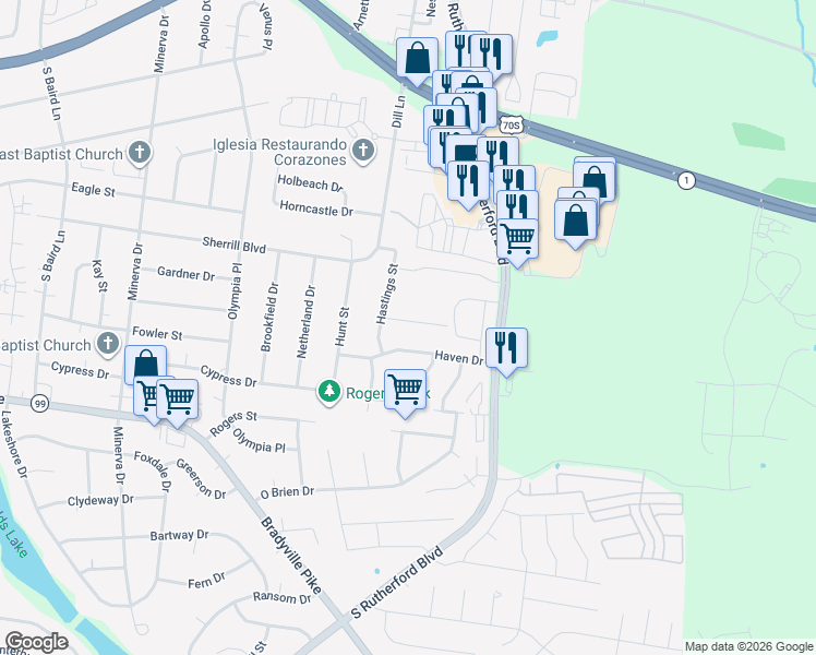 map of restaurants, bars, coffee shops, grocery stores, and more near 2214 Norman Avenue in Murfreesboro