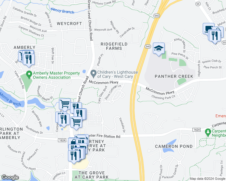 map of restaurants, bars, coffee shops, grocery stores, and more near 210 Dove Cottage Lane in Cary