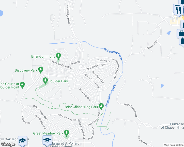 map of restaurants, bars, coffee shops, grocery stores, and more near 205 Dark Forest Drive in Chapel Hill
