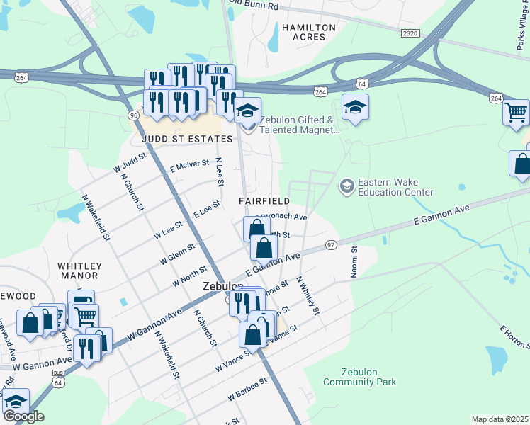 map of restaurants, bars, coffee shops, grocery stores, and more near 601 North Privette Street in Zebulon
