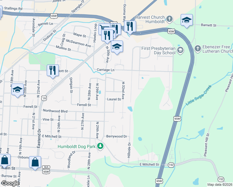 map of restaurants, bars, coffee shops, grocery stores, and more near 3009 Laurel Street in Humboldt