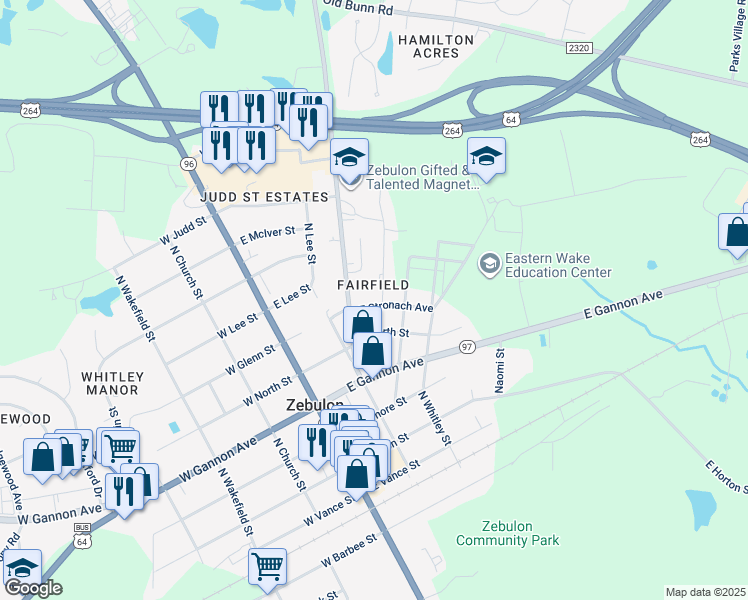 map of restaurants, bars, coffee shops, grocery stores, and more near 601 North Privette Street in Zebulon