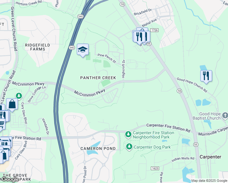 map of restaurants, bars, coffee shops, grocery stores, and more near 920 Channing Park Circle in Cary