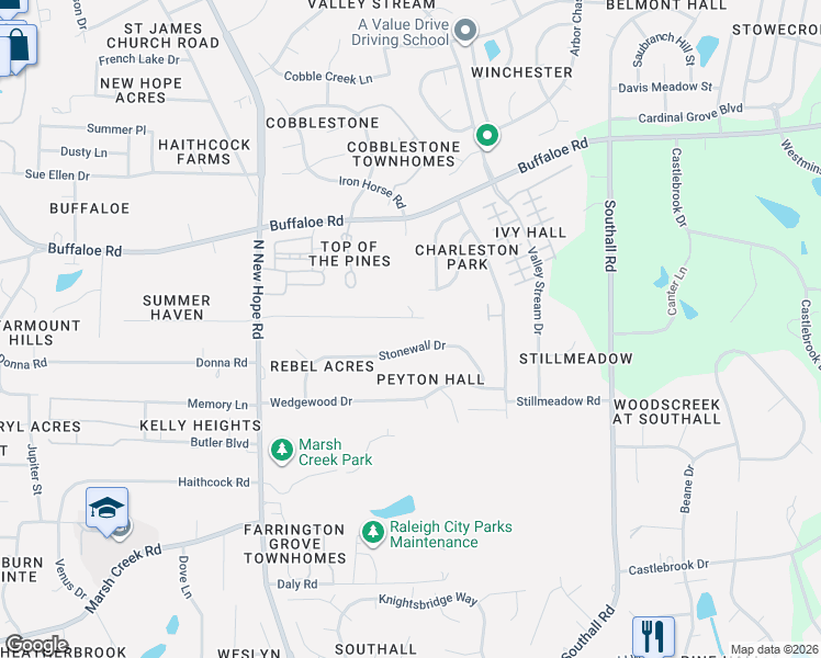 map of restaurants, bars, coffee shops, grocery stores, and more near 4439 Stonewall Drive in Raleigh