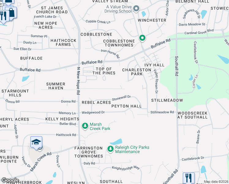 map of restaurants, bars, coffee shops, grocery stores, and more near 4439 Stonewall Drive in Raleigh