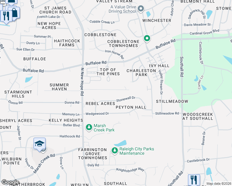 map of restaurants, bars, coffee shops, grocery stores, and more near 4439 Stonewall Drive in Raleigh
