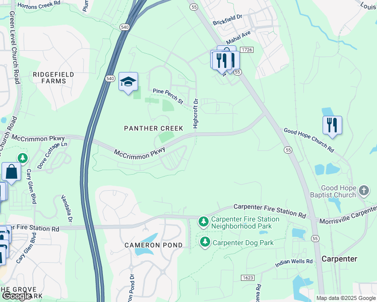 map of restaurants, bars, coffee shops, grocery stores, and more near 920 Channing Park Circle in Cary