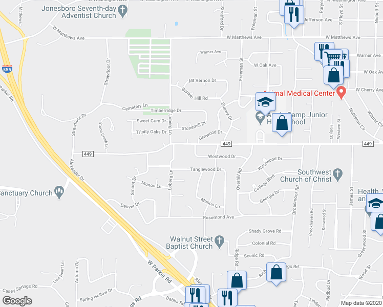 map of restaurants, bars, coffee shops, grocery stores, and more near 2020 Tanglewood Drive in Jonesboro