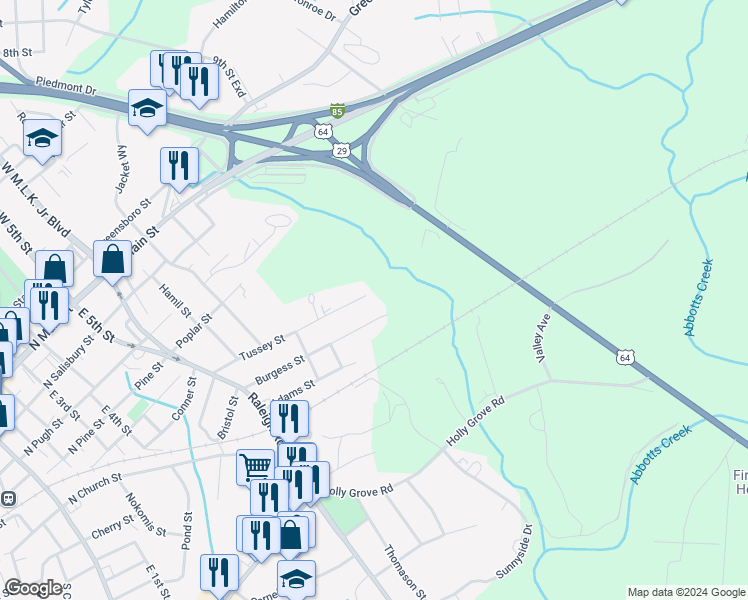 map of restaurants, bars, coffee shops, grocery stores, and more near 735 Tussey Street in Lexington