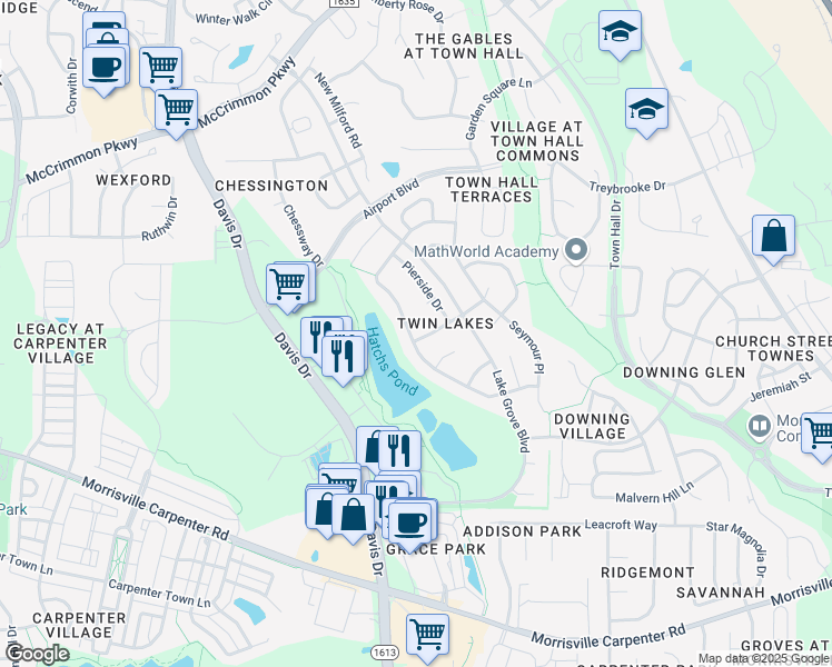 map of restaurants, bars, coffee shops, grocery stores, and more near 101 Sand Dollar Road in Cary