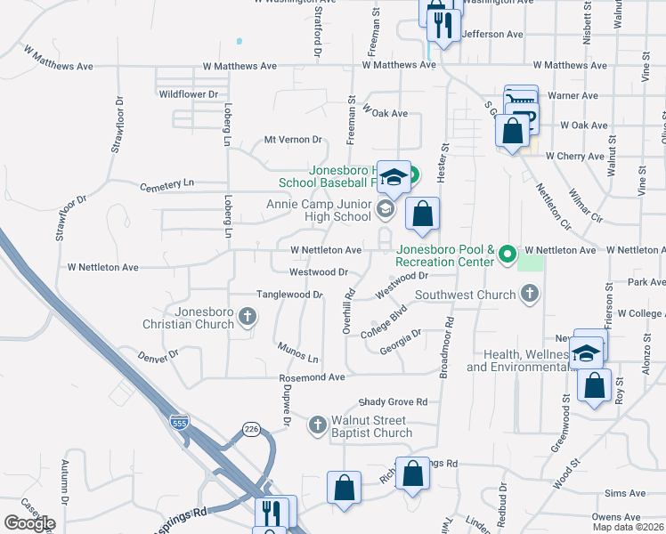 map of restaurants, bars, coffee shops, grocery stores, and more near 1907 Westwood Drive in Jonesboro