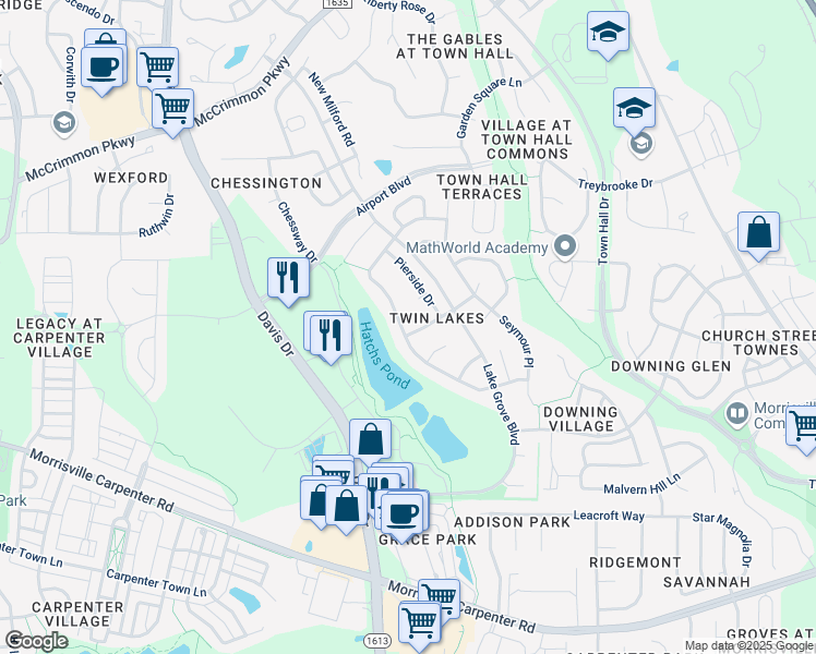 map of restaurants, bars, coffee shops, grocery stores, and more near 101 Sand Dollar Road in Cary