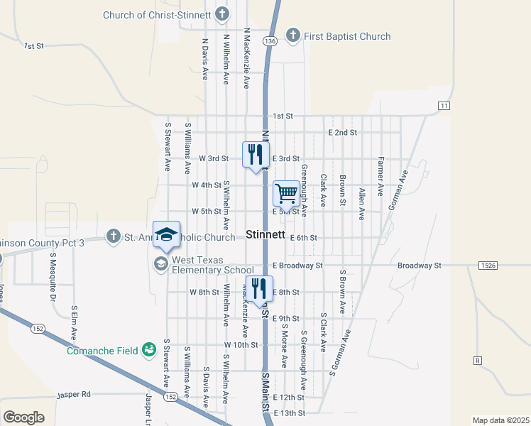 map of restaurants, bars, coffee shops, grocery stores, and more near 500 North Main Street in Stinnett