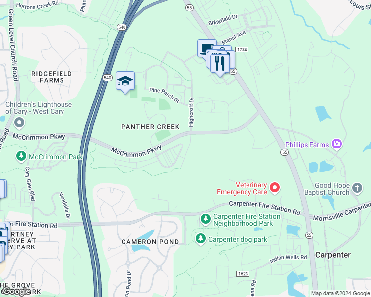 map of restaurants, bars, coffee shops, grocery stores, and more near 920 Channing Park Circle in Cary
