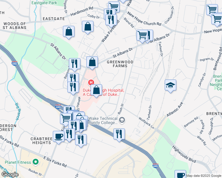 map of restaurants, bars, coffee shops, grocery stores, and more near 3429 Cheyenne Road in Raleigh