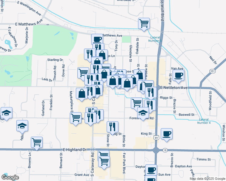 map of restaurants, bars, coffee shops, grocery stores, and more near 1400 Stone Street in Jonesboro