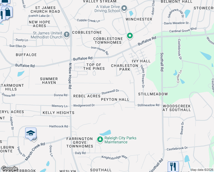 map of restaurants, bars, coffee shops, grocery stores, and more near 4439 Stonewall Drive in Raleigh