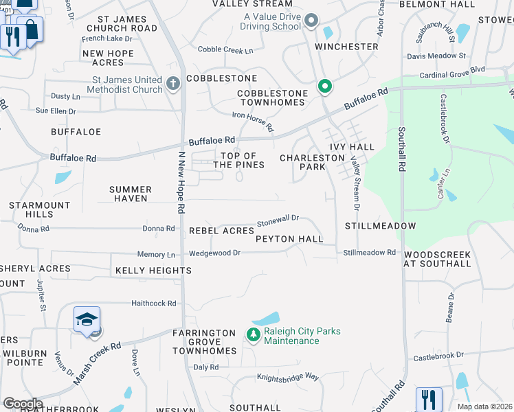 map of restaurants, bars, coffee shops, grocery stores, and more near 4439 Stonewall Drive in Raleigh