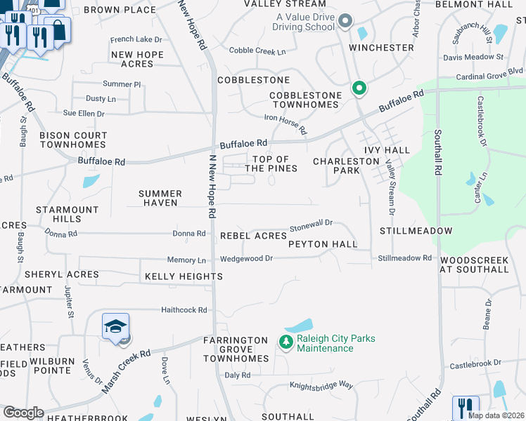 map of restaurants, bars, coffee shops, grocery stores, and more near 4403 Stonewall Drive in Raleigh