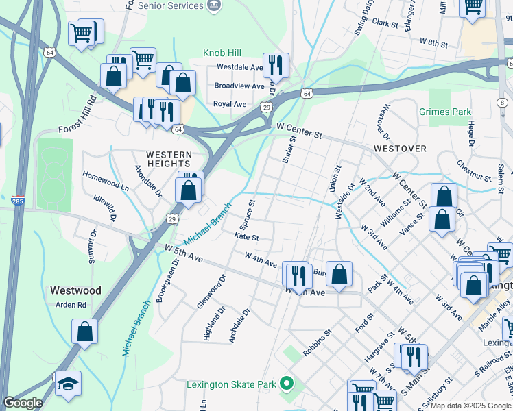 map of restaurants, bars, coffee shops, grocery stores, and more near 718 Manhattan Drive in Lexington