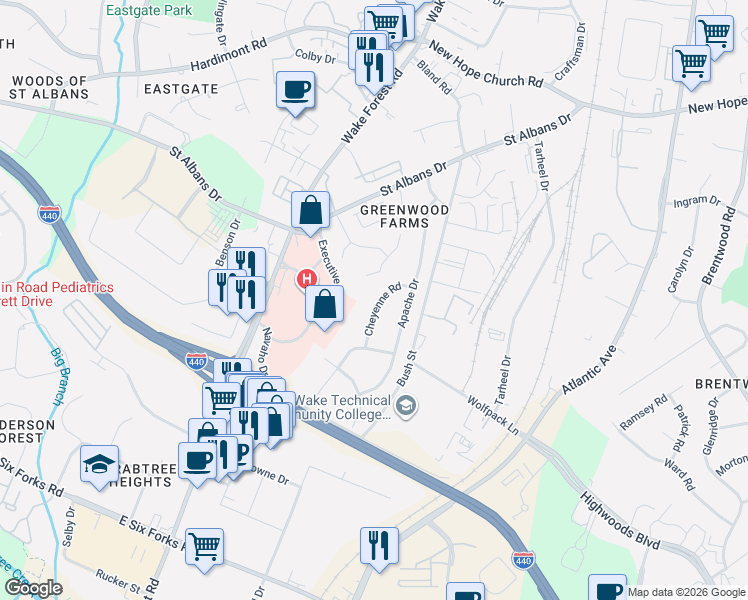 map of restaurants, bars, coffee shops, grocery stores, and more near 3420 Cheyenne Road in Raleigh