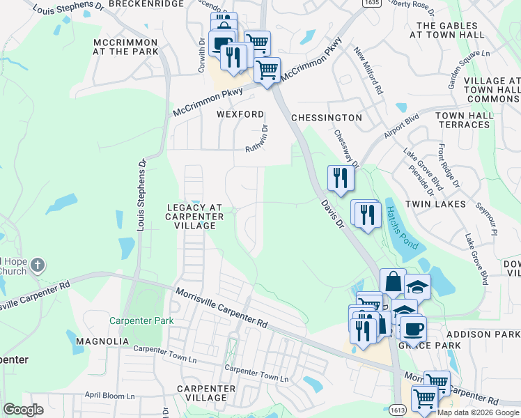 map of restaurants, bars, coffee shops, grocery stores, and more near 1036 Bravura Drive in Cary